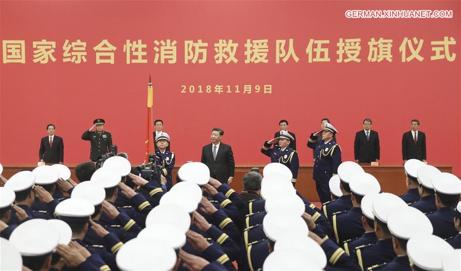 CHINA-BEIJING-XI JINPING-FIRE AND RESCUE TEAM-FLAG-CONFERRING (CN)