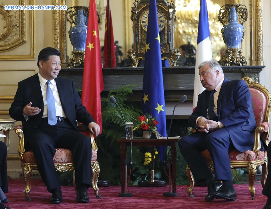 FRANCE-PARIS-CHINA-XI JINPING-GERARD LARCHER-MEETING
