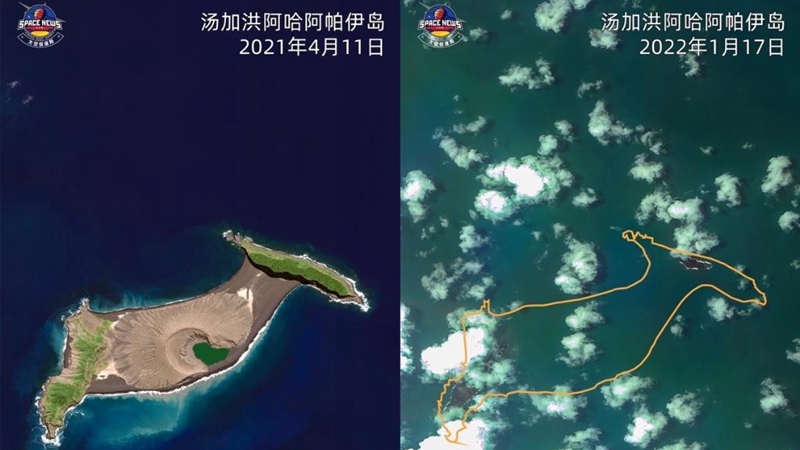Satellitenbilder vor und nach dem Vulkanausbruch auf Insel Hunga Ha'apai in Tonga