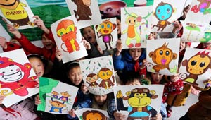 Schüler malen Bilder von Affen zum Neuen Mondjahr