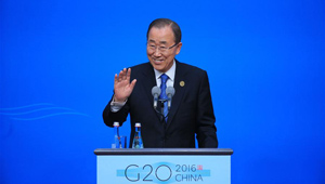 Ban Ki-moon hält eine Rede bei der Pressekonferenz des G20-Gipfels in Hangzhou