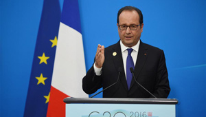 Frankreichs Präsident Hollande bei einer Pressekonferenz im Medienzentrum des 11. G20-Gipfels