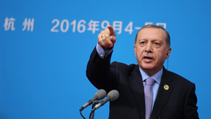 Türkischer Präsident nimmt an einer Pressekonferenz im Medienzentrum des 11. G20-Gipfels teil