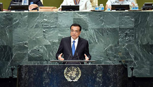 Ministerpräsident Li Keqiang hält bei der Generaldebatte der UN-Vollversammlung eine Rede