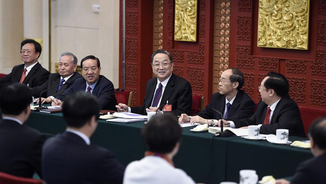 Yu Zhengsheng nimmt an Podiumsdiskussion mit Delegierten aus Hubei teil