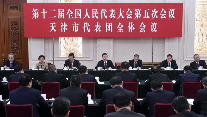 Zhang Gaoli nimmt an Podiumsdiskussion der Tianjin-Delegation des 12. NVK teil