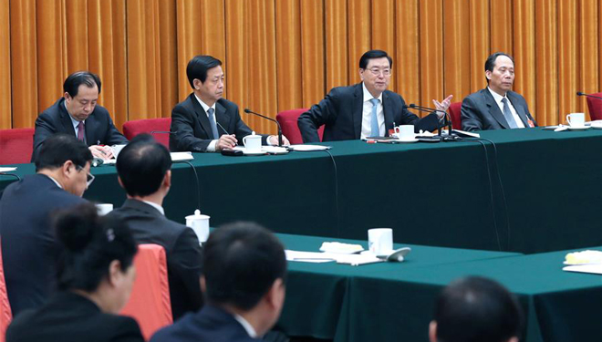 Zhang Dejiang nimmt an Podiumsdiskussion mit Delegierten des 12. NVK aus Heilongjiang teil